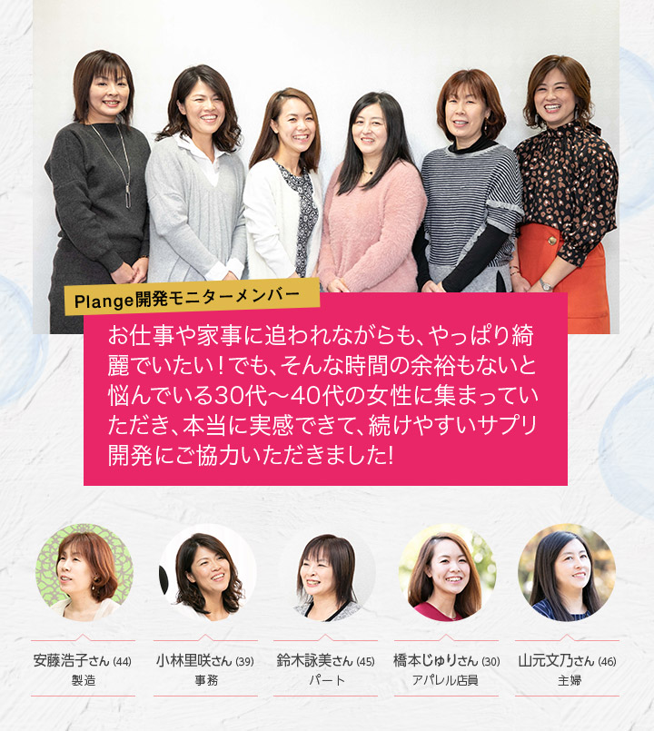 Plange開発モニターメンバー お仕事や家事に追われながらも、やっぱり綺麗でいたい！でも、そんな時間の余裕もないと悩んでいる30代〜40代の女性に集まっていただき、本当に実感できて、続けやすいサプリ開発にご協力いただきました!